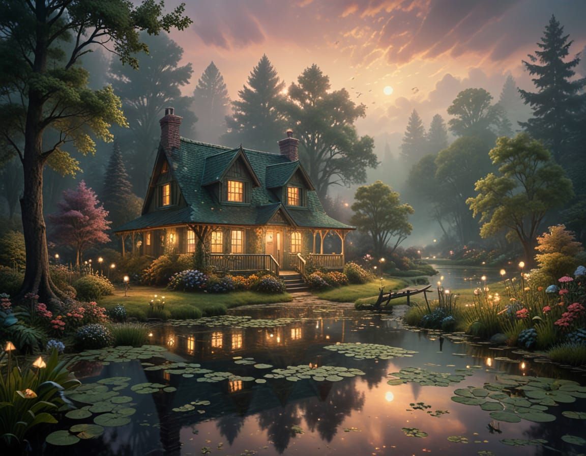 Whimsical Twilight Cottage Scene with Fireflies