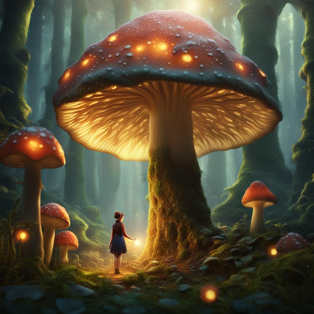 Fairy and Glowing Mushroom in Rousseau Style