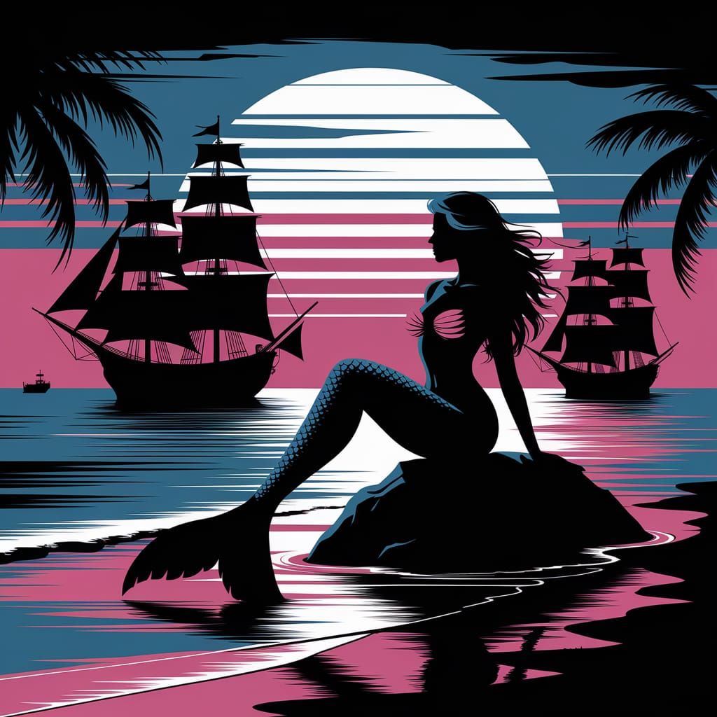 Mermaid on Ocean Shore, Digital Art