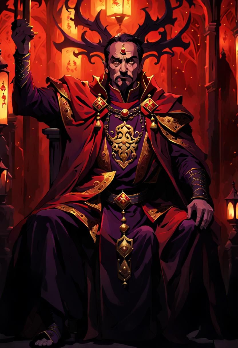 Scarlet King on Throne in Gothic Chamber