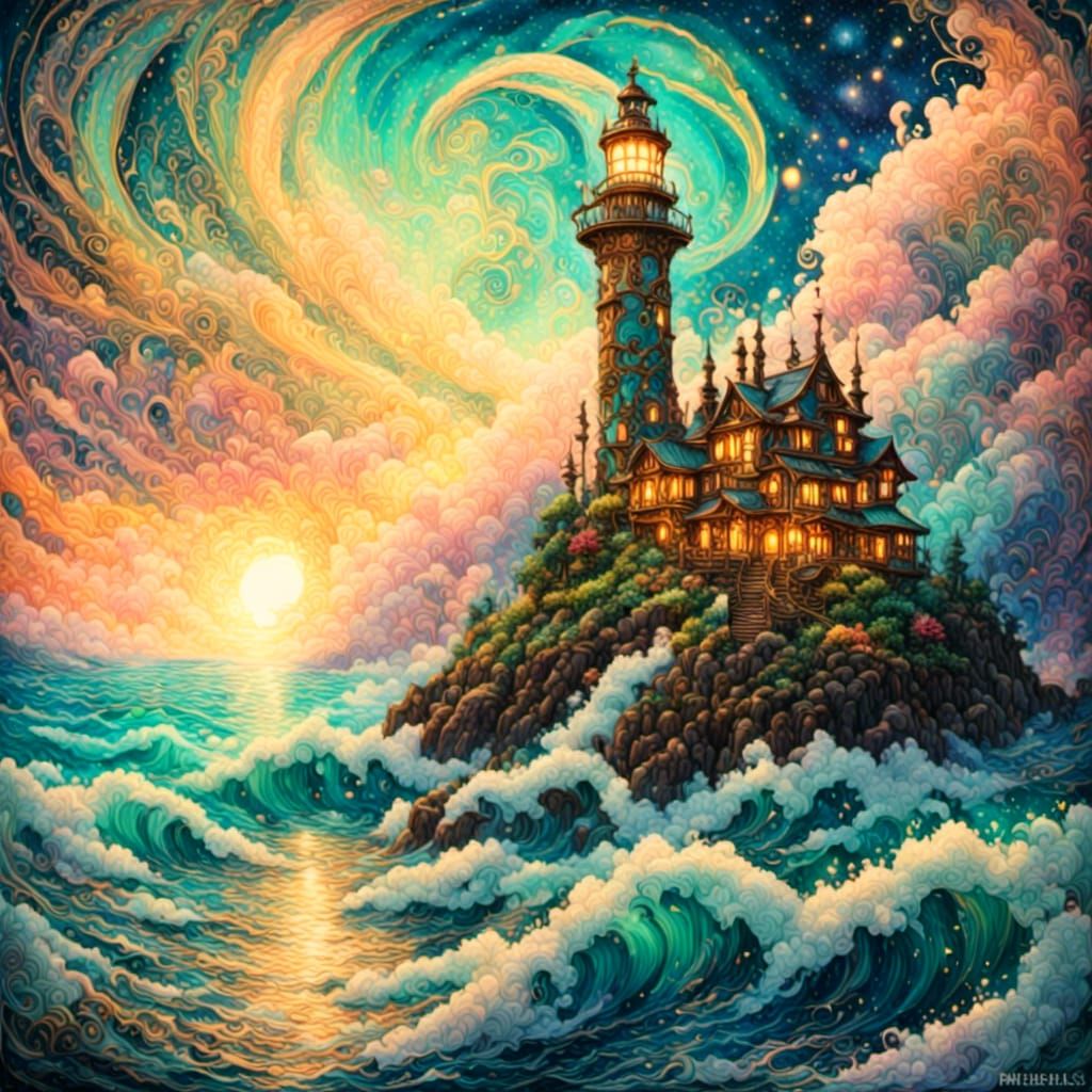 Golden Hour Lighthouse Sea Tempest in Gouache Swirls