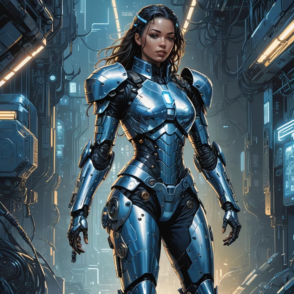 Cyborg Girl in Cyberpunk Armor Illustration