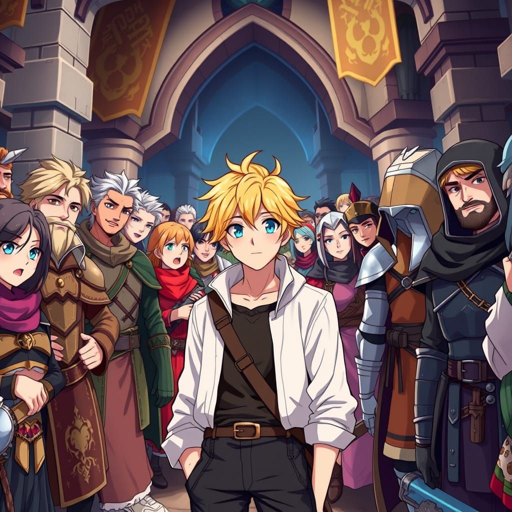 Young Adventurer Stands Out in Vibrant Fantasy Guild