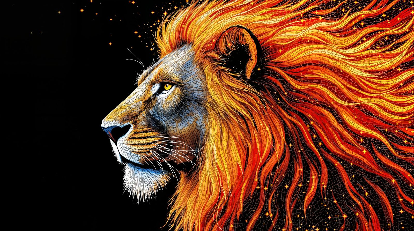 Majestic Lion in Fiery Mosaic Glory