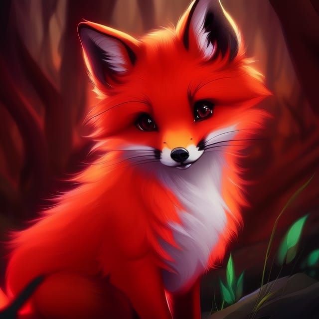 Cute Red Fire Fox Portrait in Forest, Digital Art