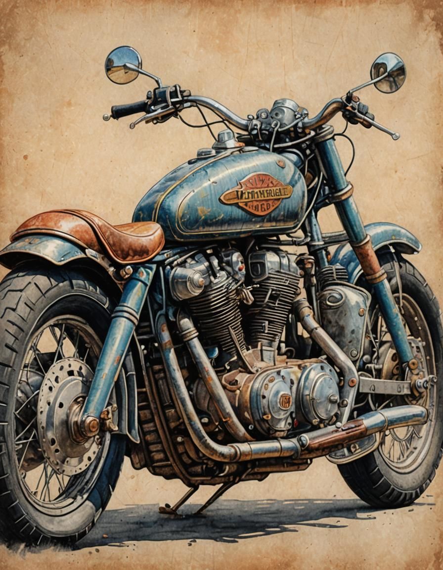 Vintage Motorcycle in Colored Pencil Illustration