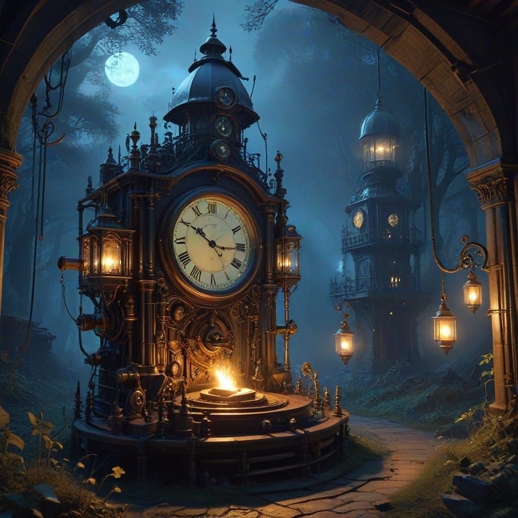 Steampunk Campsite under Moonlit Sky