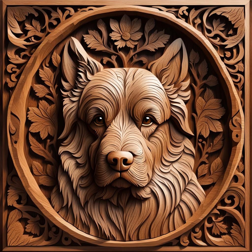 Intricate Wooden Carving of a Newfoundland Dog