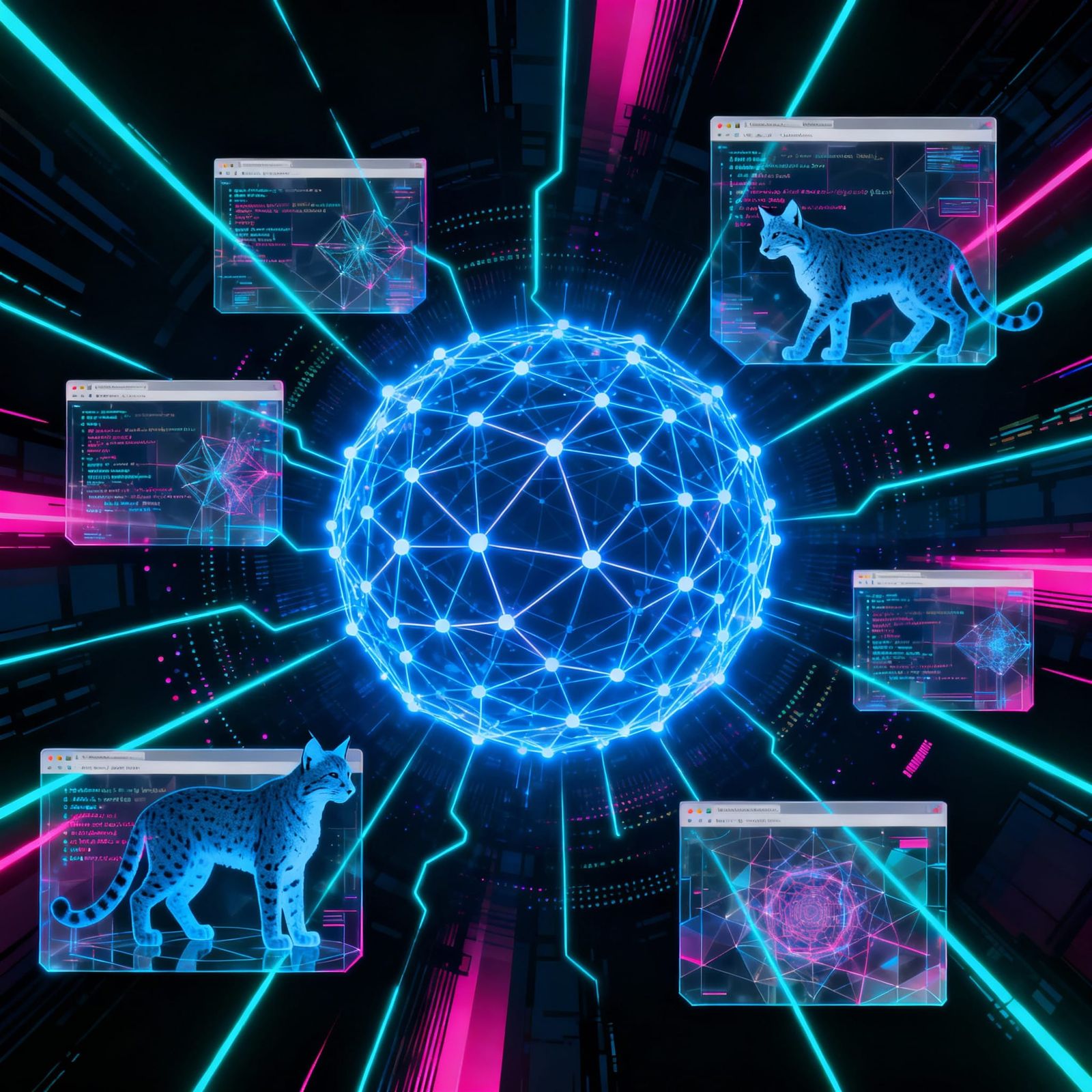 Luminous Blue Brain with Code and Bobcats in Cyberpunk Style