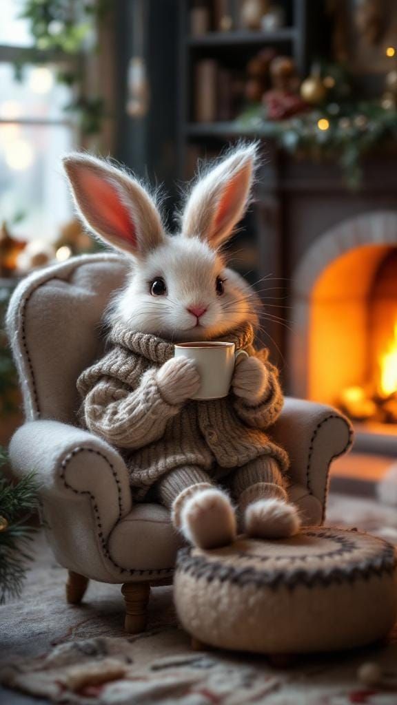 Cozy Bunny Sipping Hot Chocolate, Felted Art Style