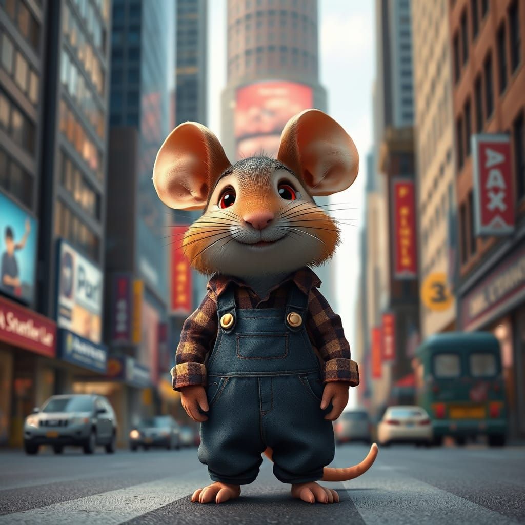 Overwhelmed Country Mouse in City, 3D Rendered