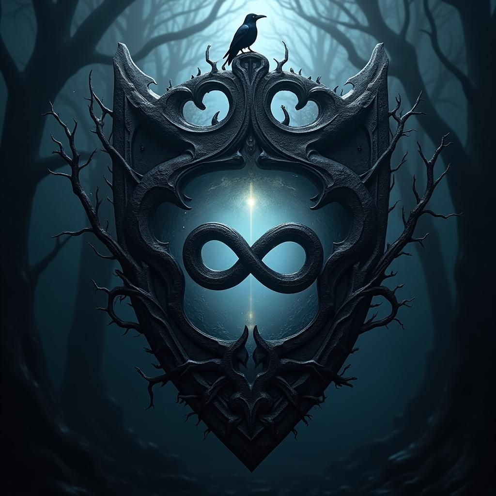 Gothic Shield with Ethereal Forest, Mystical Surrealism