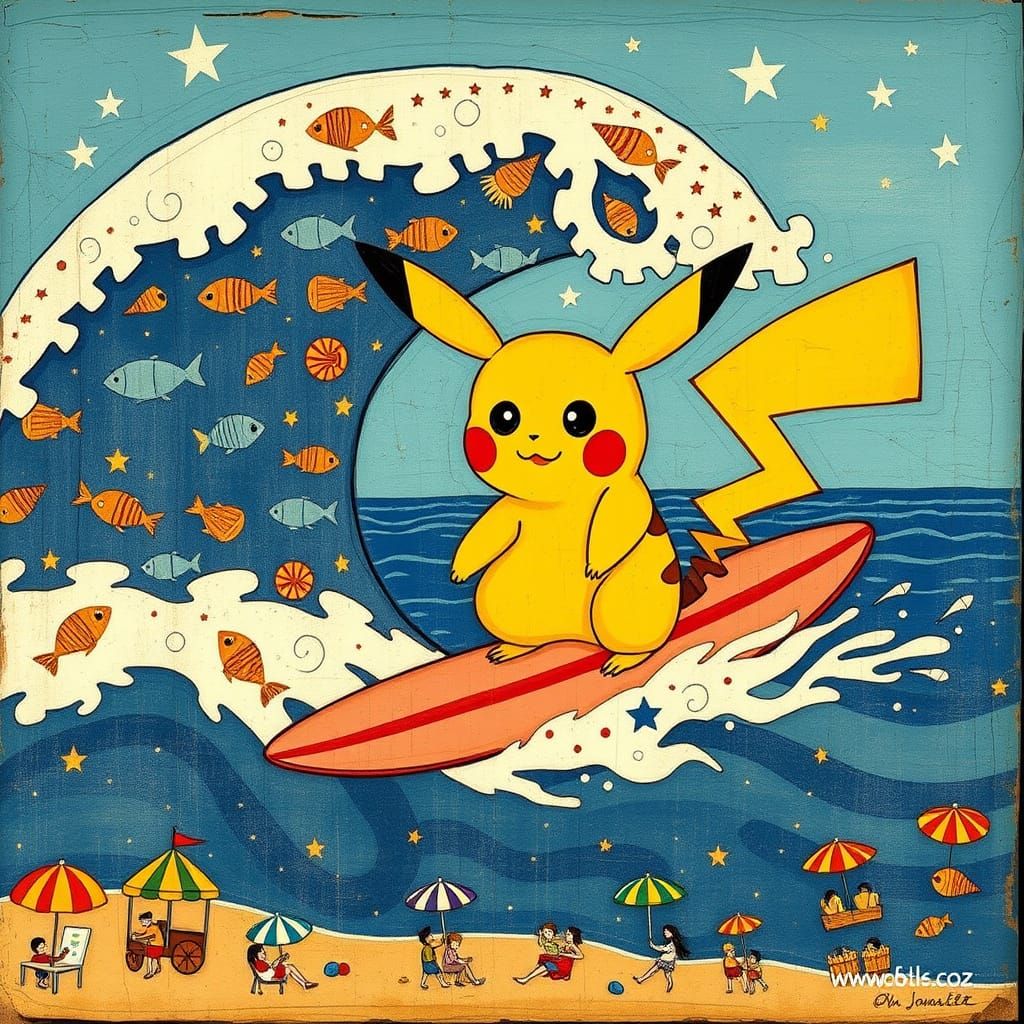 Rustic Folk Art Pikachu Surfs the Waves