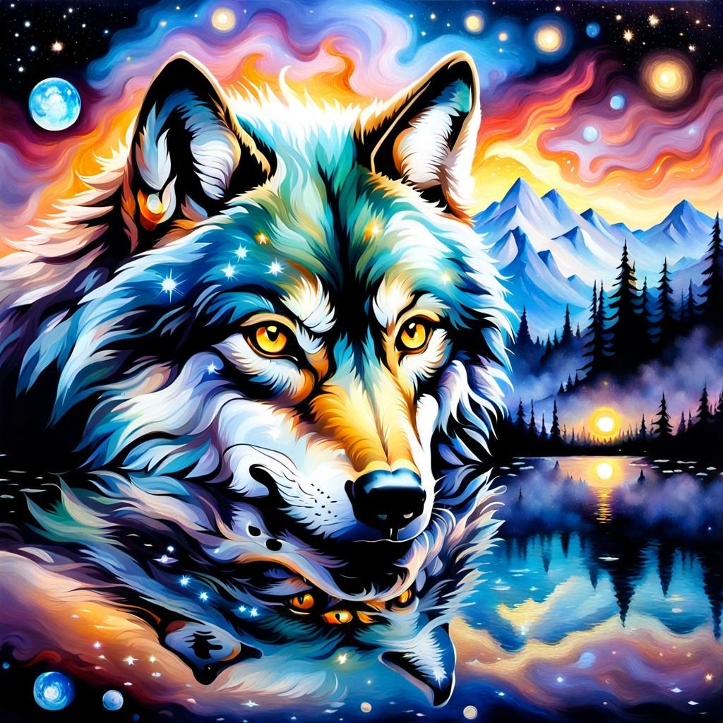 Wolf Stares at Galaxy Reflection, Oil Painting