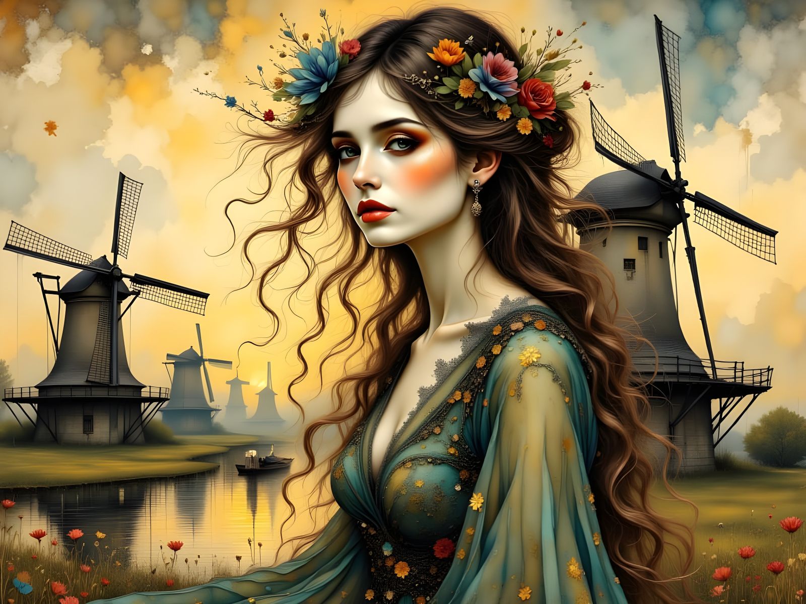 Ethereal Woman Among Dutch Windmills in Whimsical Art Deco S...