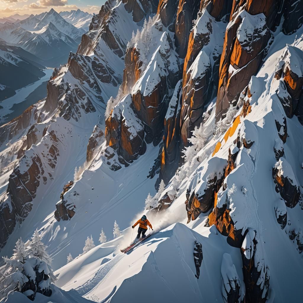 Skier Descending Mountain in Dramatic Lighting