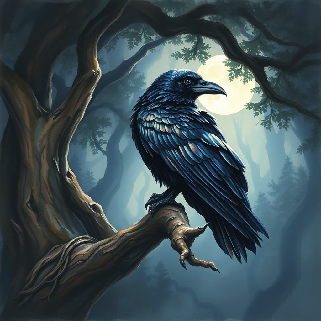 Majestic Raven in Ethereal Forest Moonlight