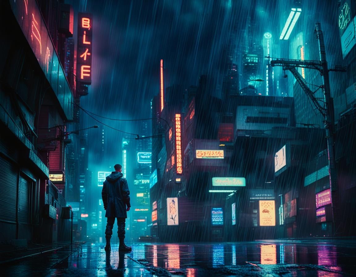 Cyberpunk Protagonist in Rainy Cityscape: Cinematic Film Sti...