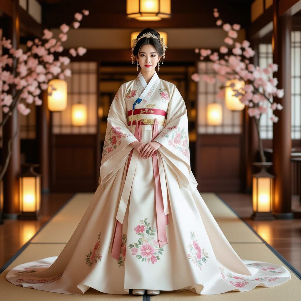 Elegant Korean Bride in Traditional Hanbok Dress