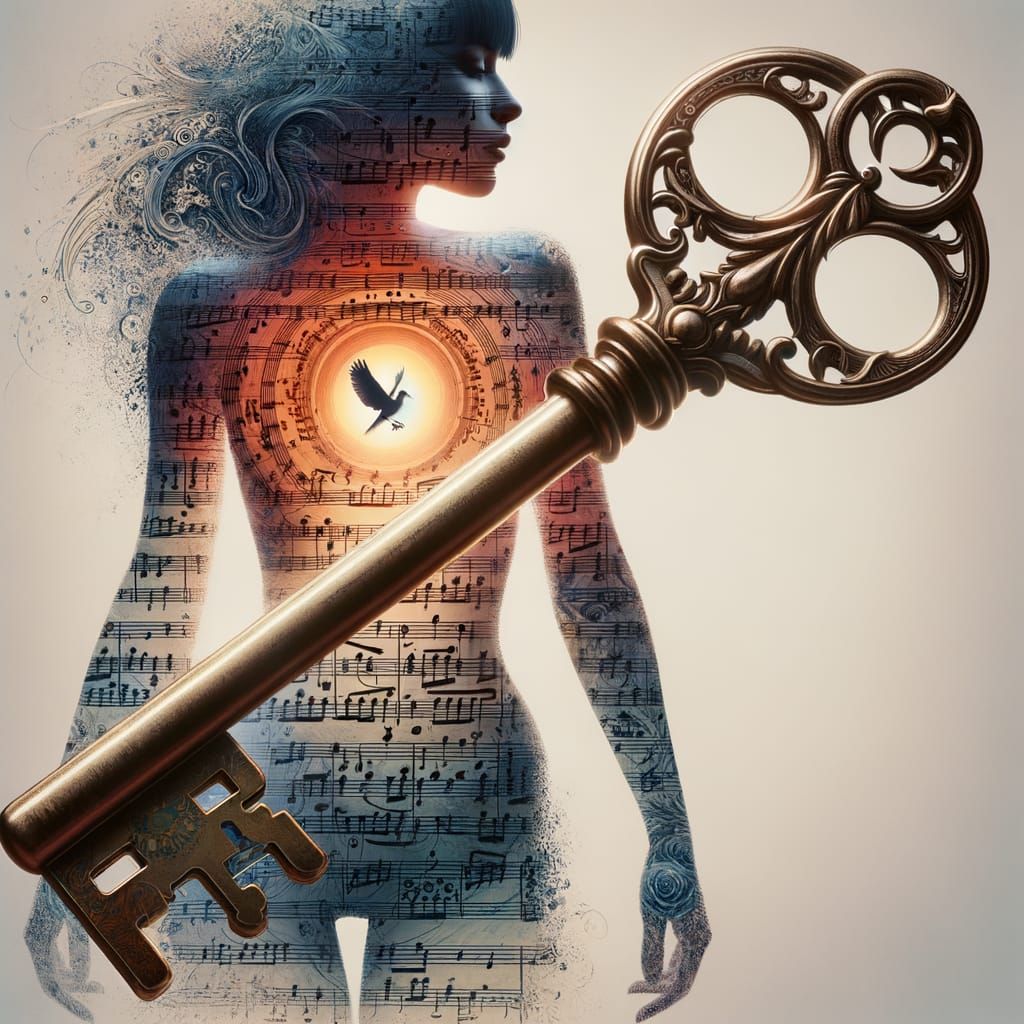 Surreal Music Key Portal with Tattooed Woman