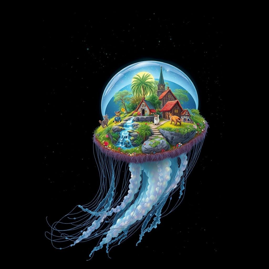 Bioluminescent Jellyfish Carries Island in Astral Cosmic Sty...