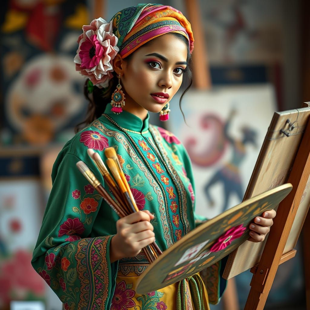 Hyperrealistic Portrait of a Painter in Colorful Clothing