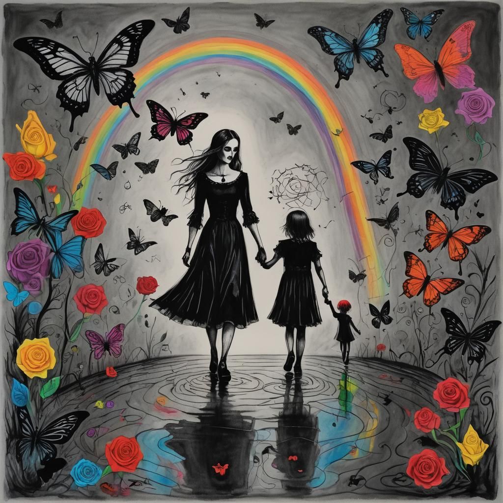 Gothic Mother and Child in Surreal Crayon Drawing
