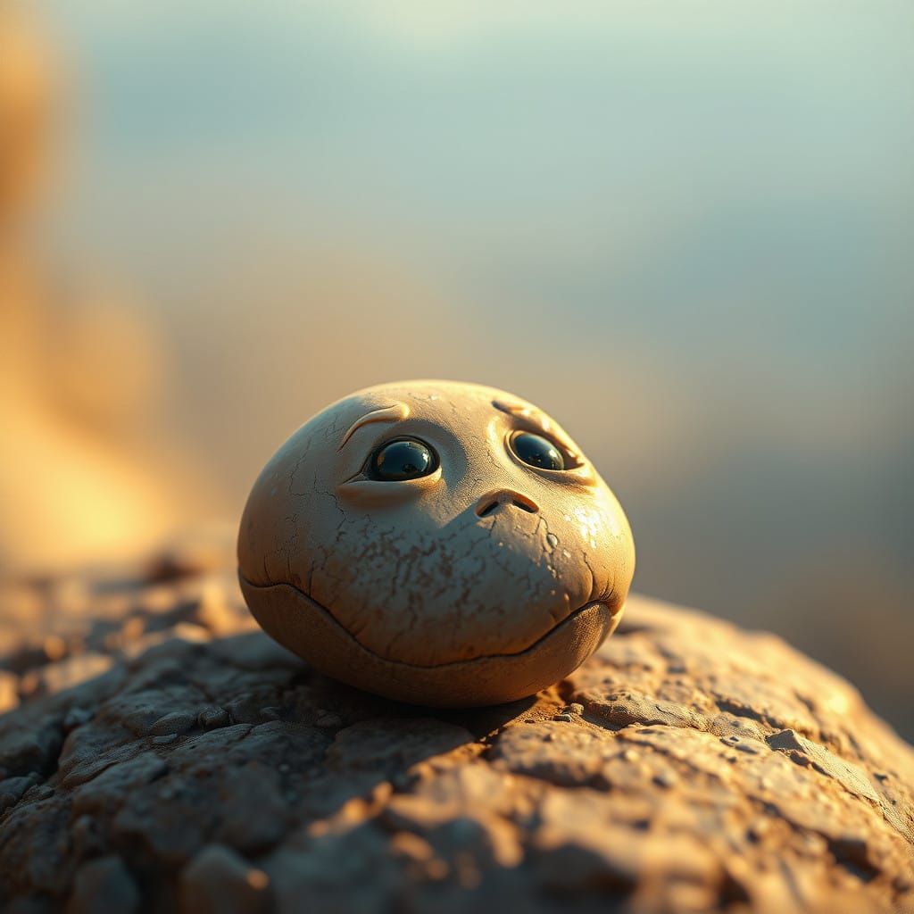 Whimsical Pebble Portrait in Warm Golden Light