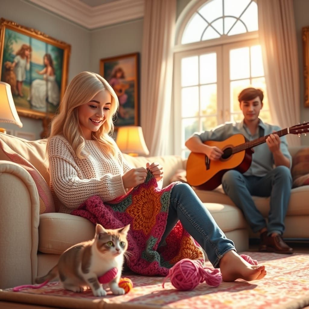 Cozy Home Scene with Cat, Crochet and Music in 3D