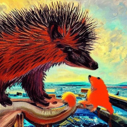 Hedgehog Fishermen in Expressive Oil Painting Style