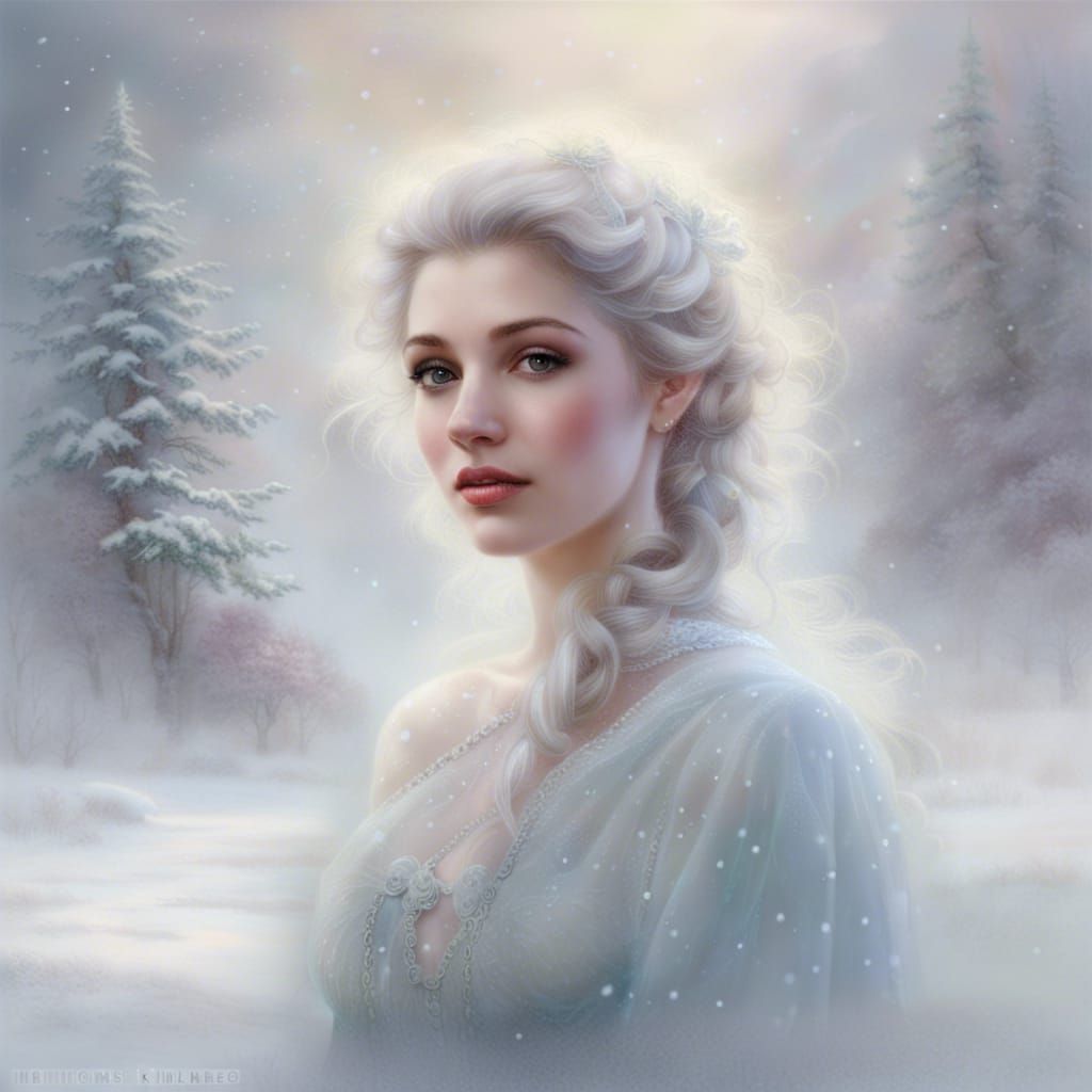Ethereal Snowy Portrait in Thomas Kinkade Style