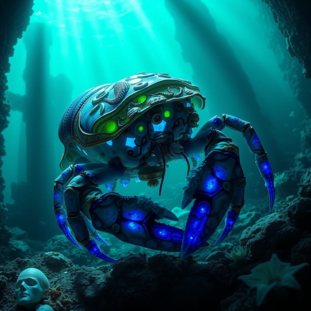 Bioluminescent Lobster Exploring Sunken City Ruins