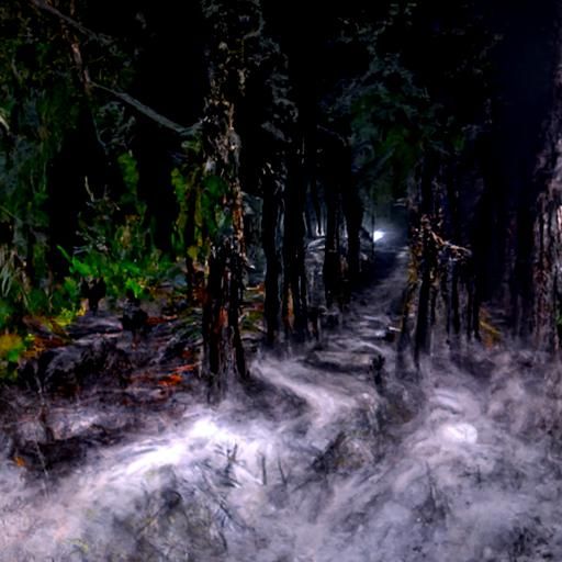 Terrifying Forest Trail at Misty Night