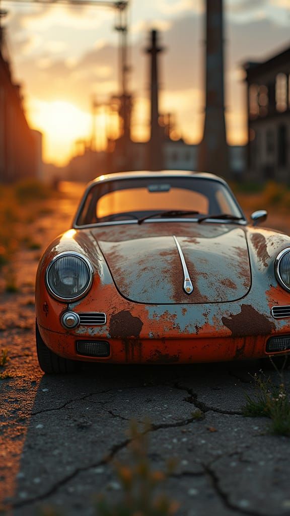 Vintage Porsche on Industrial Lot at Twilight
