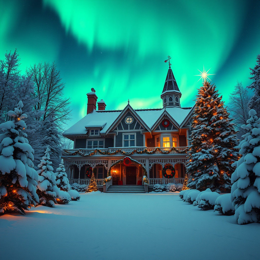 Victorian Christmas House Under Aurora Borealis
