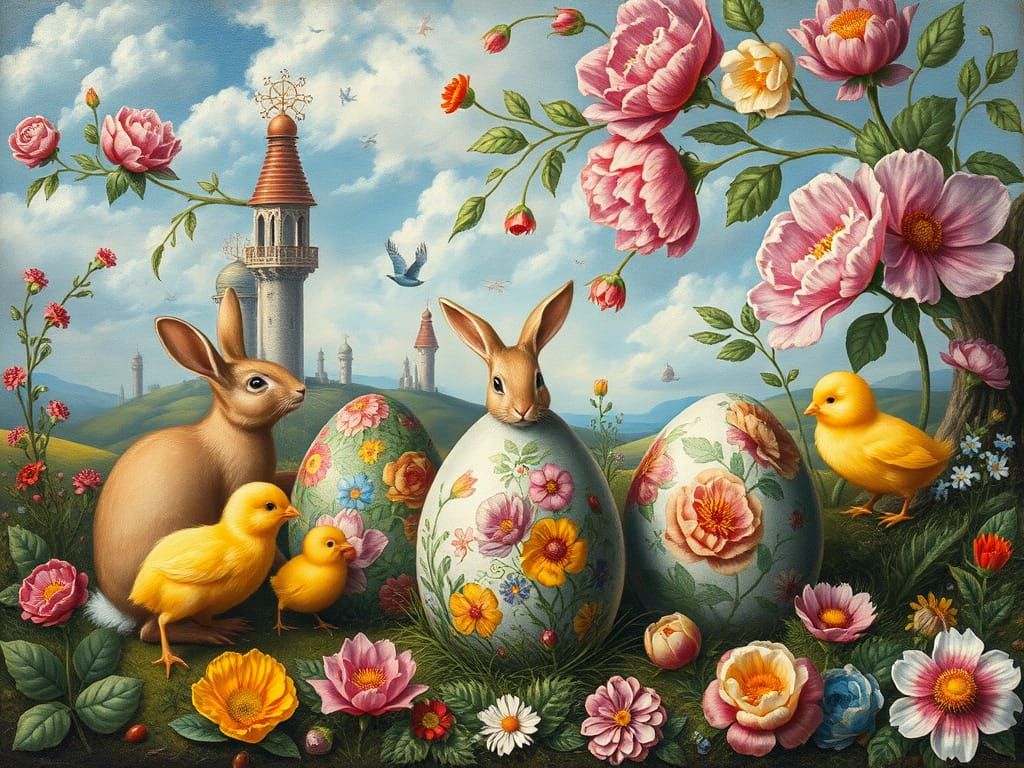 Whimsical Renaissance Landscape with Bunnies and Easter Eggs