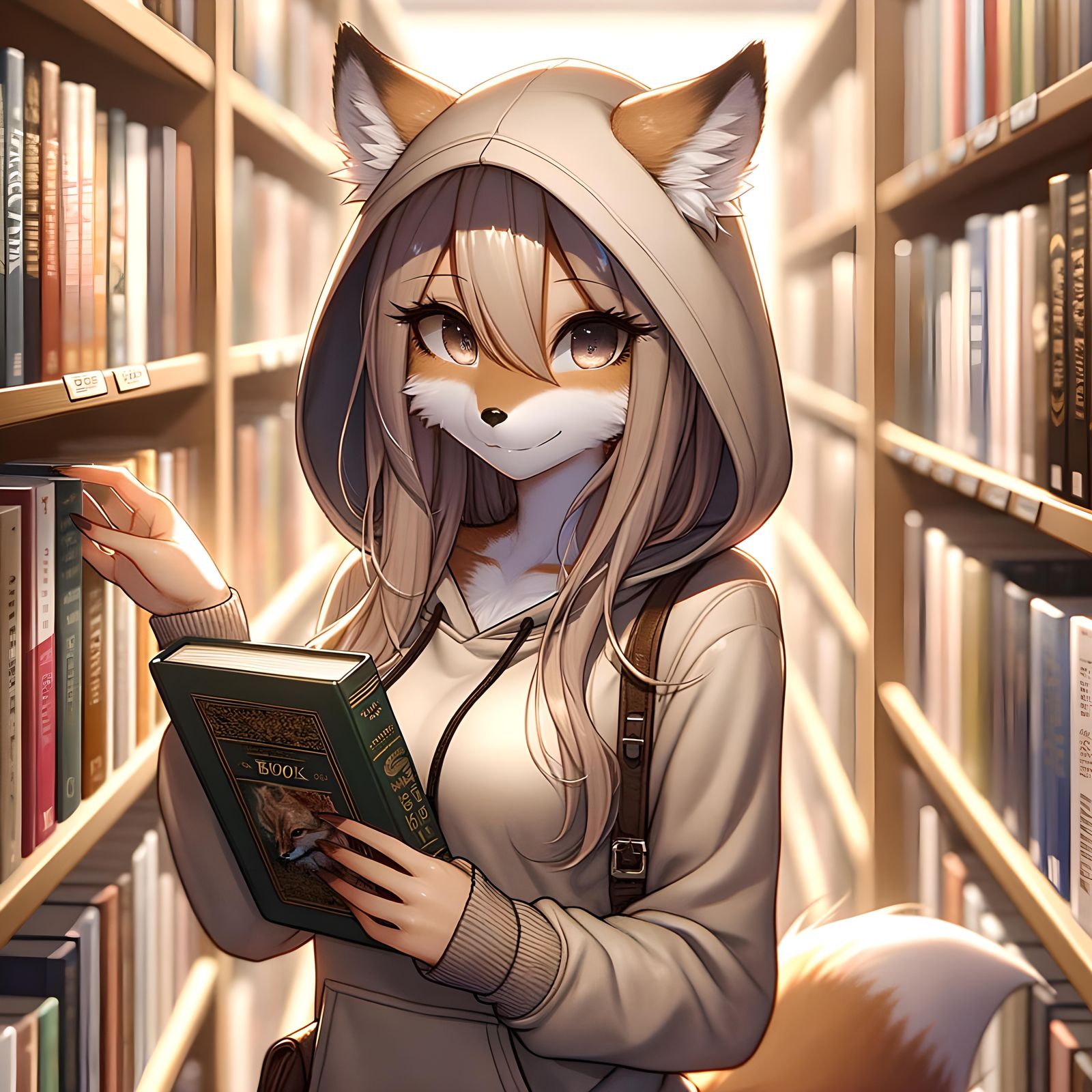 Anime Fox Girl Browsing in Cozy Bookstore