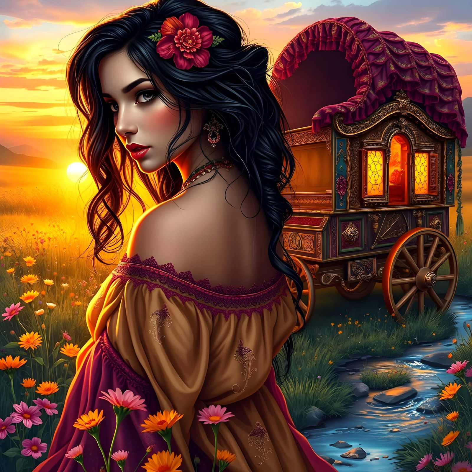 Exotic Gypsy Woman in Vibrant Wildflower Meadow