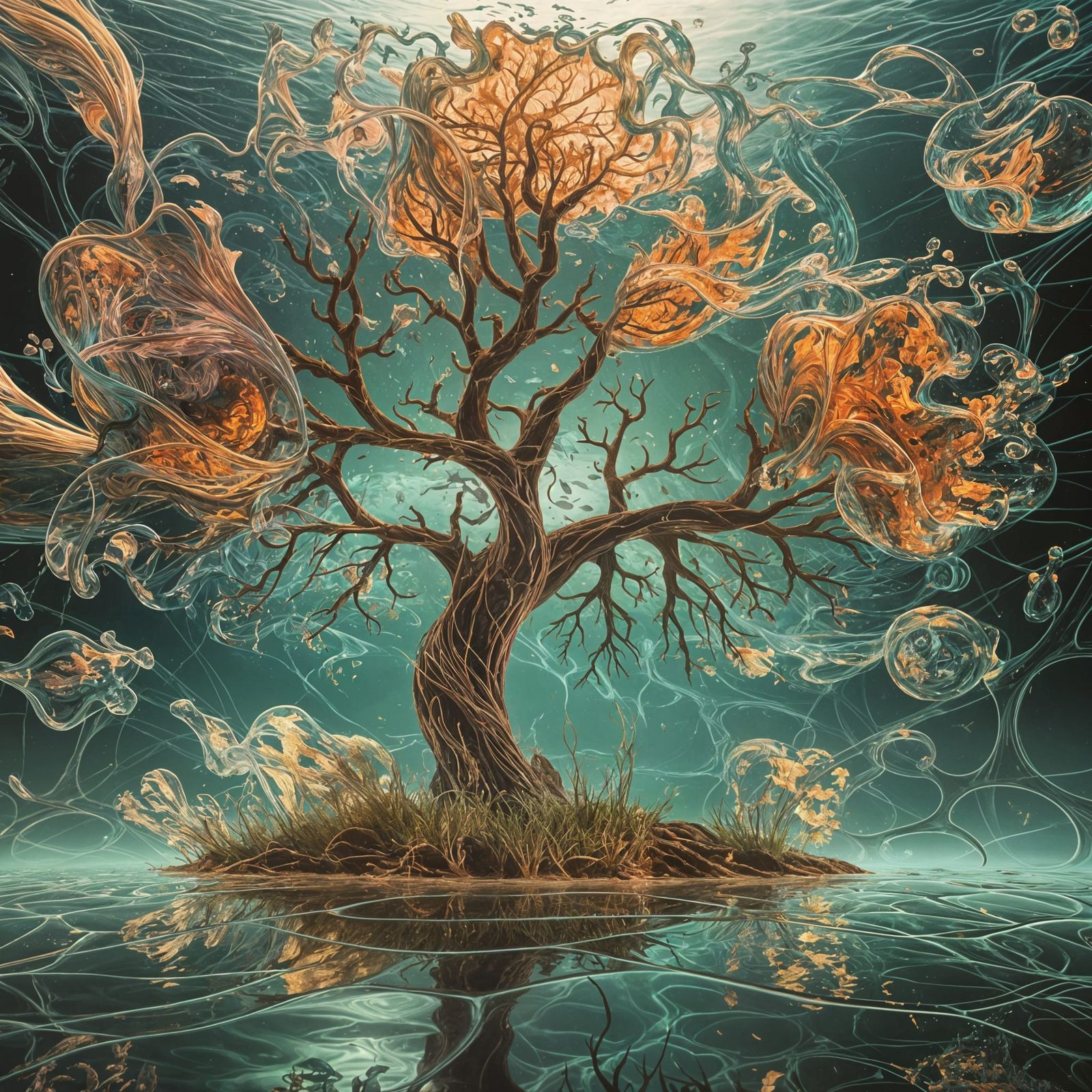 Underwater Glass Cherry Tree: Neo-Impressionist Ocean Art