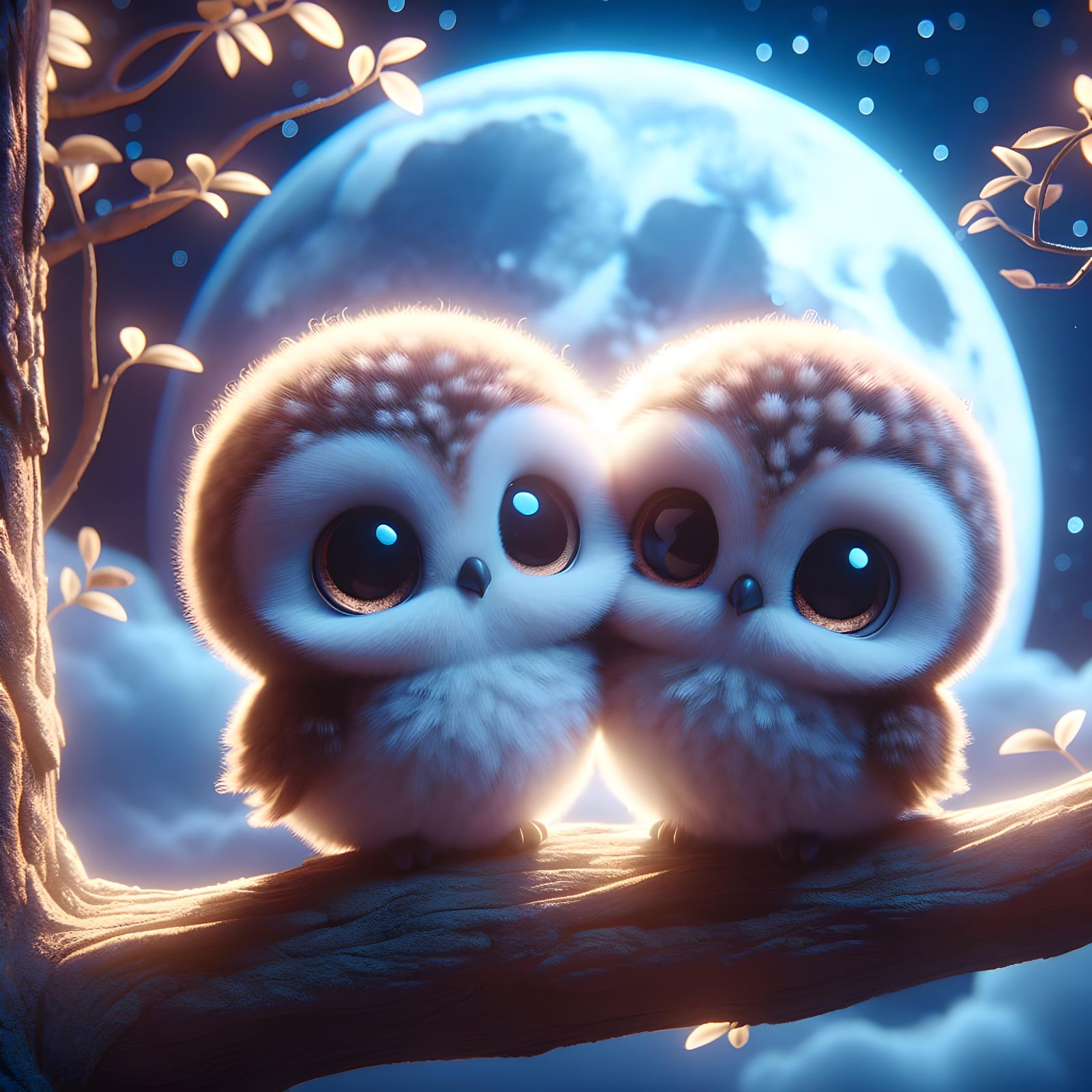 Chibi Owls Under Moonlight: Animated Style