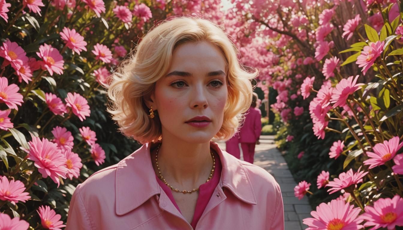 Woman in Pink Walking Through a Pop Art Garden