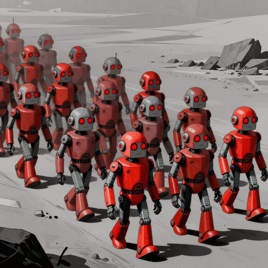 Robot Army Marches in Retro-Futuristic Concept Art Style