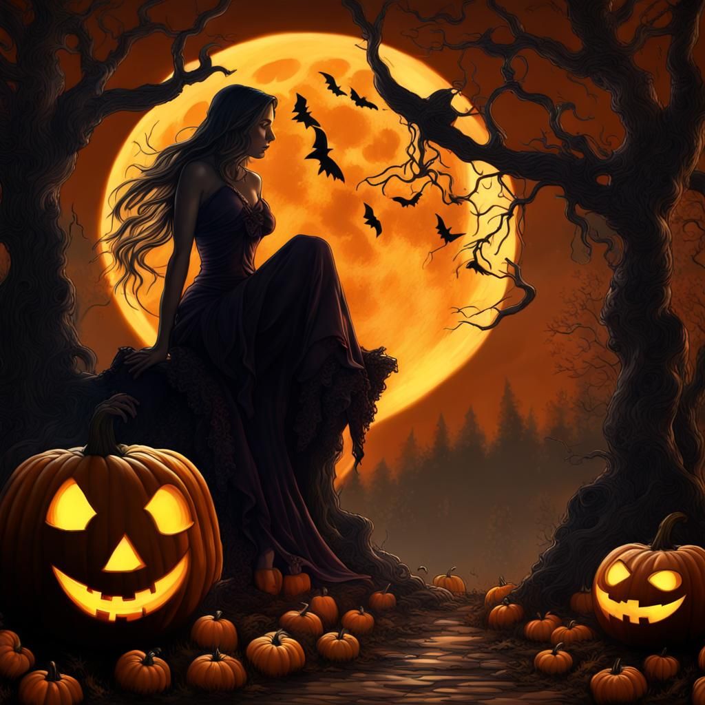 Moonlit Halloween Forest with Jack-o'-Lanterns