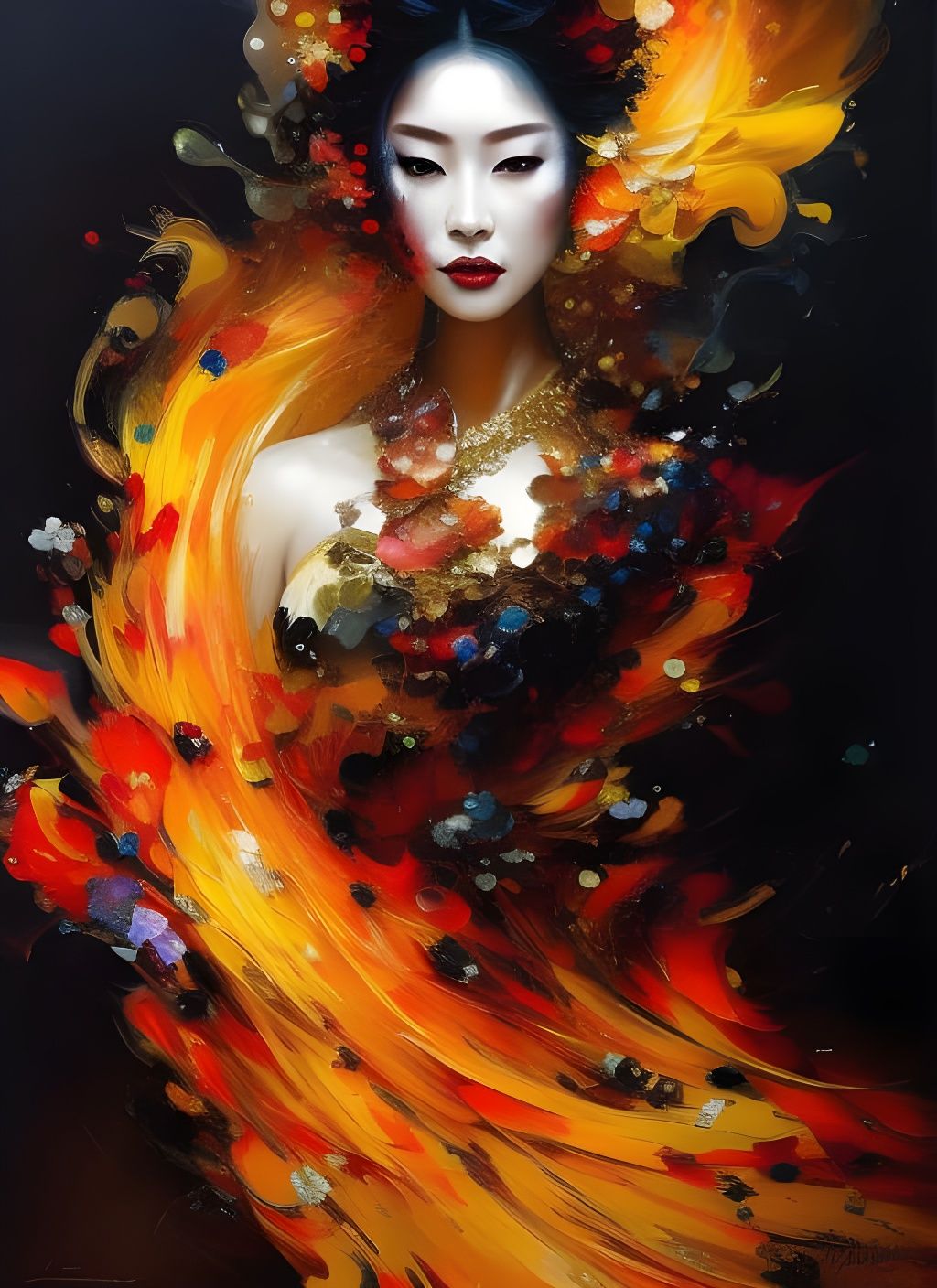 Fiery Geisha Portrait in Oil Painting Style