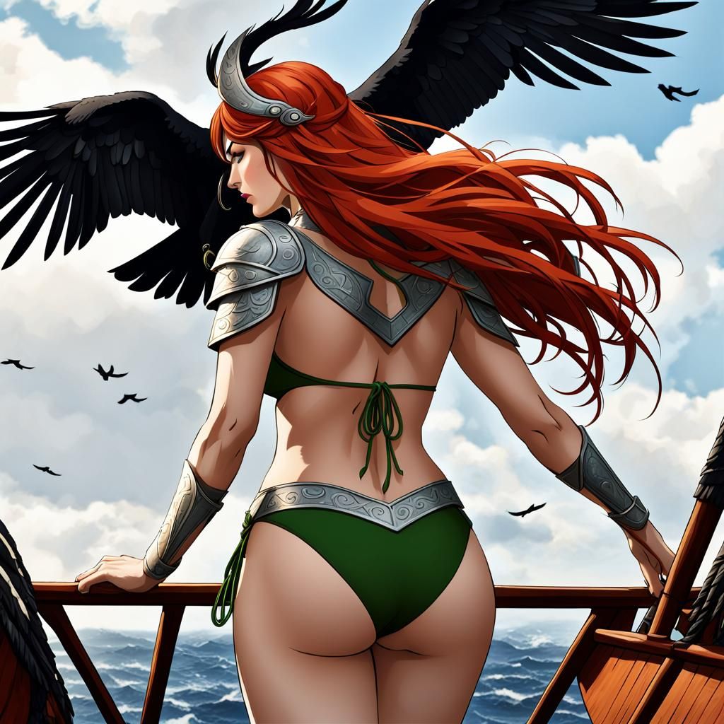 Redhead Valkyrie on Norse Warship with Ravens
