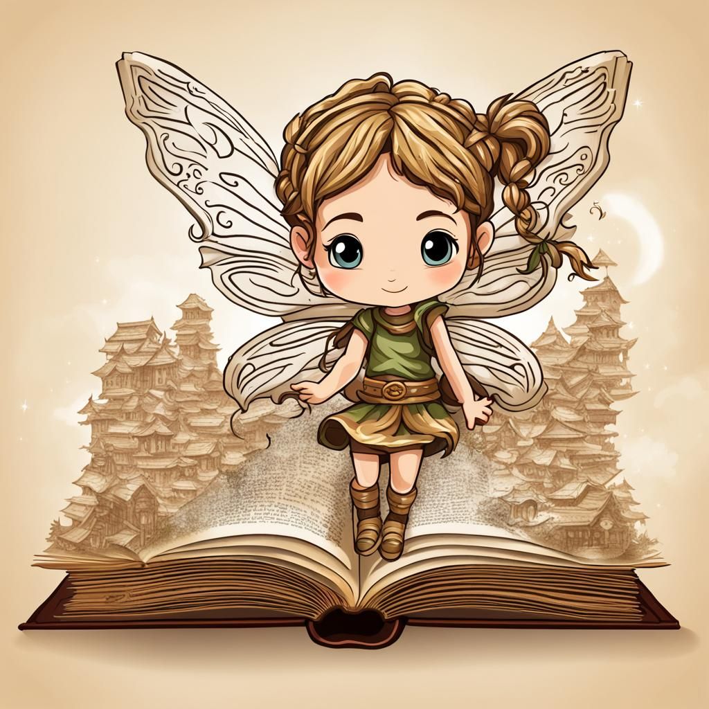 Chibi Fairy Emerges from Book in Word Art