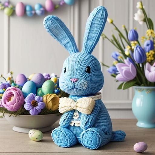 Cute Knitted Blue Easter Bunny in Maximalist Room