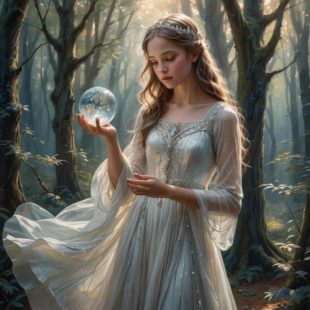 Mystical Forest: Girl with Crystal Orb in Matte Painting Sty...