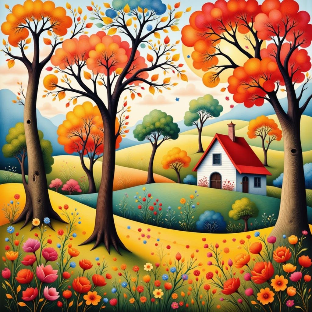 Childlike Folk Art Landscape With Bold Outlines