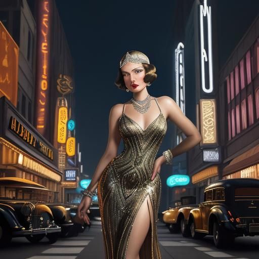 Glamorous Art Deco Woman Under City Lights